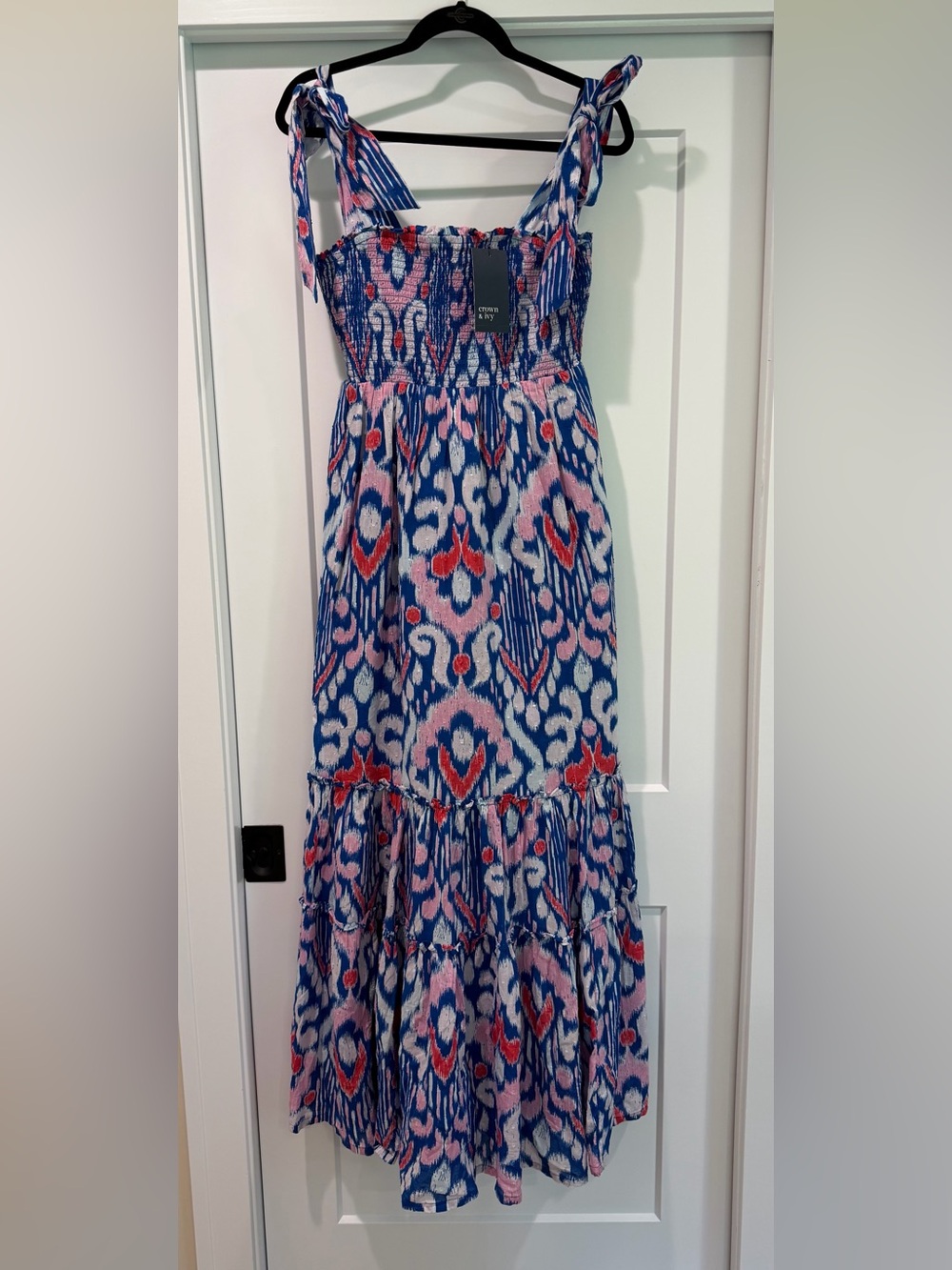 NWT crown & ivy Blue Maxi Dress with Pink, White and Red Motifs